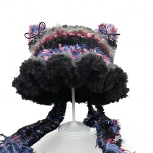 Handmade Fuzzy Cat Ear Beanie: Black & Purple Jellyfish Tentacle Hat
