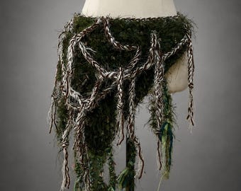Woodland Crochet Hip Scarf with Cascading Fringe and Textured Layers