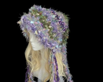 Handmade Purple Crochet Witch Hat with Long Tassels Fantasy Hat
