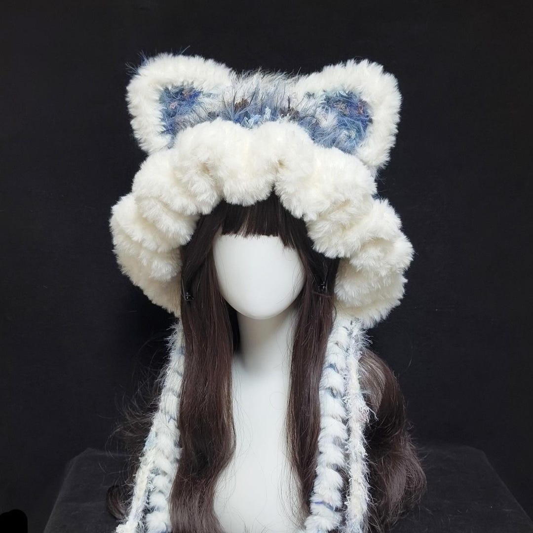 Cat Ear Hand-knit Hat - White & Blue Fluffy Hood for Women - Etsy