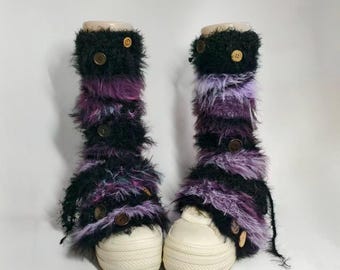 Statement Black Purple Fluffy Leg Warmers with Mixed Button Trim