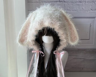 Pink & White Floppy Ear Bunny Hat - Plush Handmade - Etsy Norway