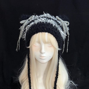 Y2K Black & Gray  Cat Ear Beanie with Bows