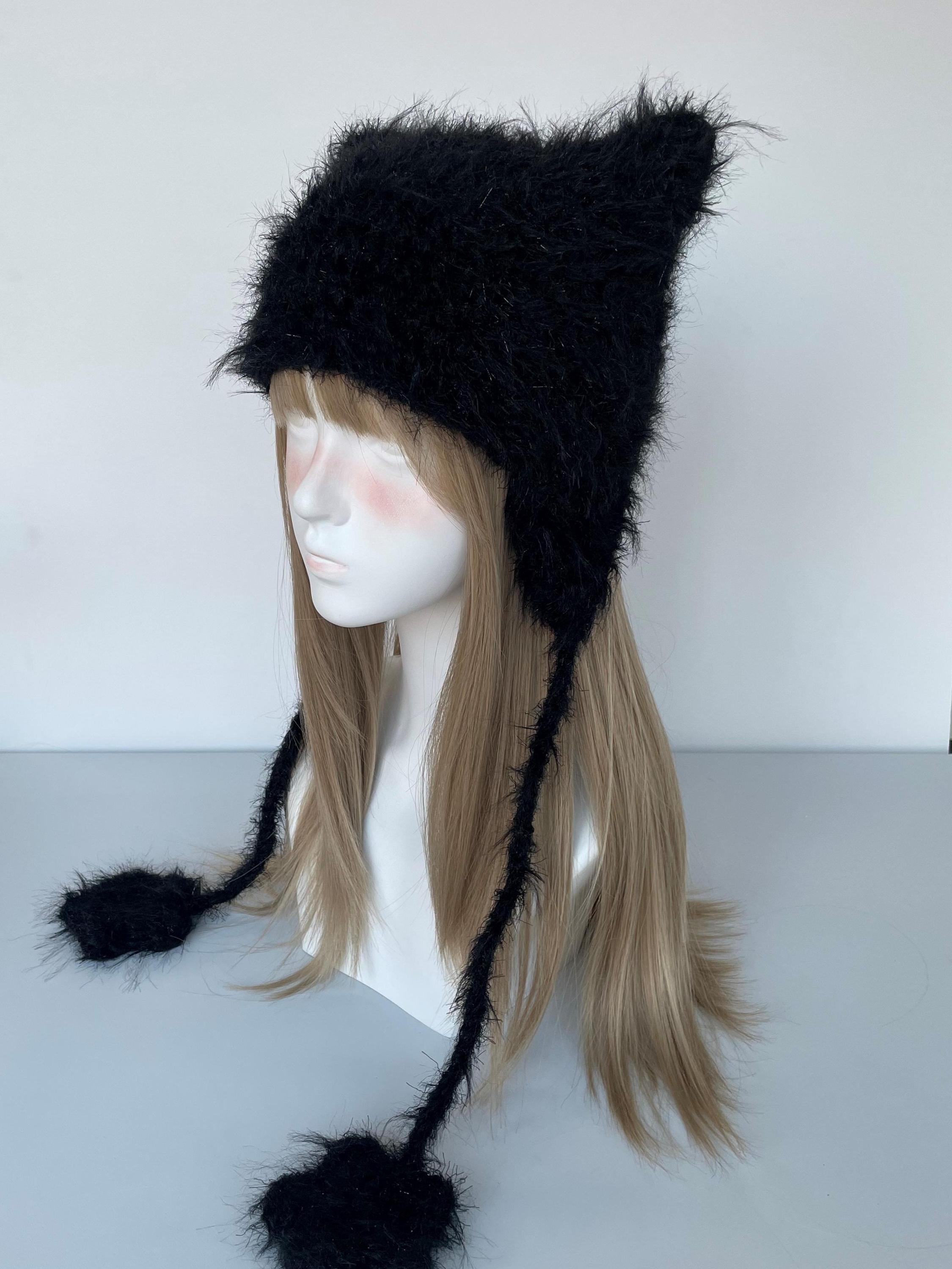 Handmade Fluffy Black Cat Ear Beanie: Soft Knit Winter Hat - Etsy