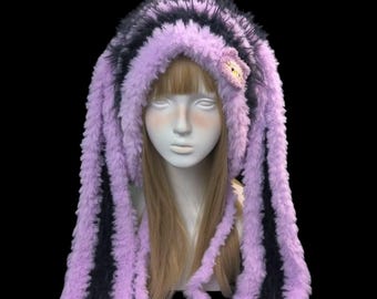 Women\'s Black Purple Bunny Hat Knit Plush Long Ears Fluffy Cosplay Party Hat Long ear BUNNY rabbit HAT beanie BLACK & PURPLE anime  main image 4
