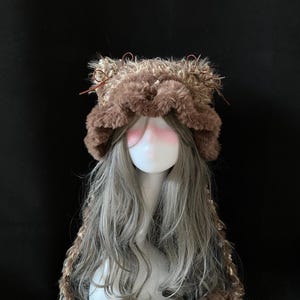 Fluffy Brown Cat Ear Beanie, Handmade Furry Animal Hat, Cute Winter Warm Cap, Cosplay Costume Accessory, Unique Gift for Women and Teens