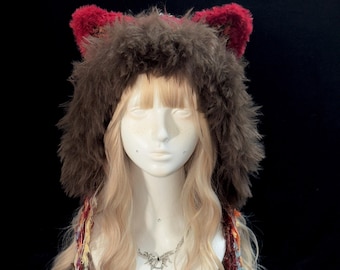 Burgundy Brown Cat Ear Hood Handmade Fantasy Festival Hood