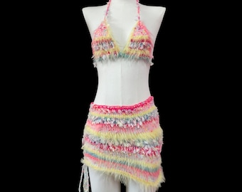 Pastel Fuzzy Stripe Bikini and Skirt Set Playful Texture Statement