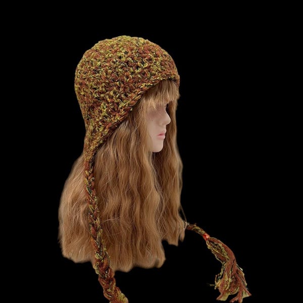 Earflap Hooded Hat - Vintage Rustic Crochet in Caramel Green