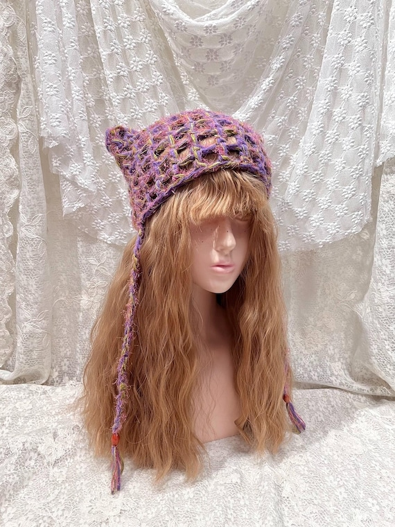 Cat Ear Beanie: Vintage Purple Grid Handmade Hat - Etsy