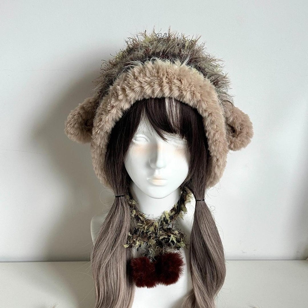 Plush Faux Fur Knitted Animal Hat with Horns Sheep Ears Beanie Ear Flap Winter Wayolyn Fuzzy Hat Sheep Horn Beanie Fluffy Beanies Y2k  main image 3