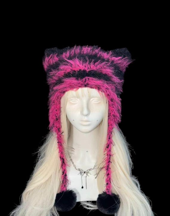 Magenta Black Cat Ear Hat Punk Grunge Rave Winter Beanie - Etsy