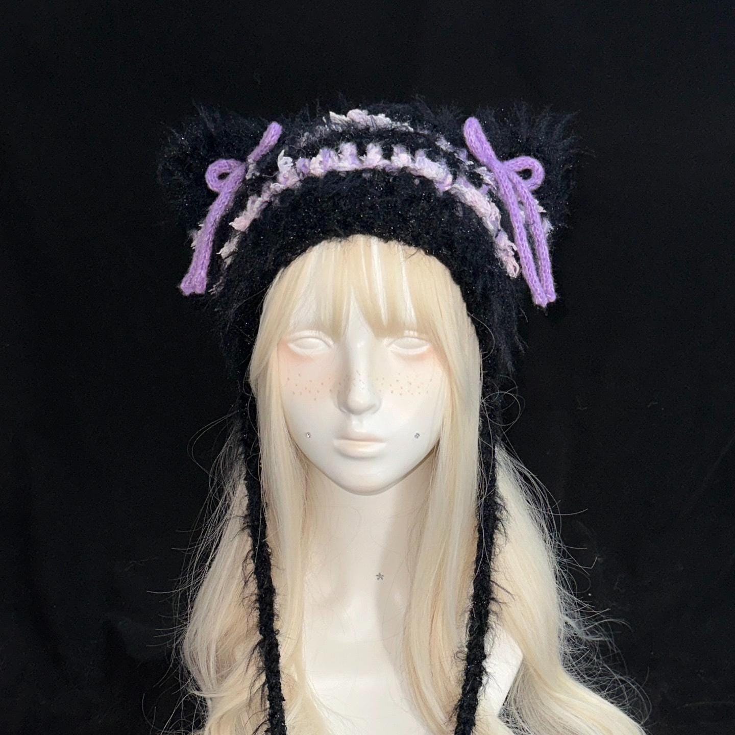 Y2K Black & Purple Cat Ear Beanie With Bows - Etsy