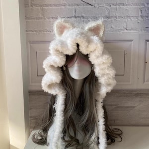 Cappuccio con orecchie da gatto in pelliccia sintetica Kawaii: costume invernale in peluche