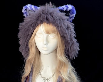 Purple Cat Ear Hood with Long Tassels Handmade Fantasy Hood