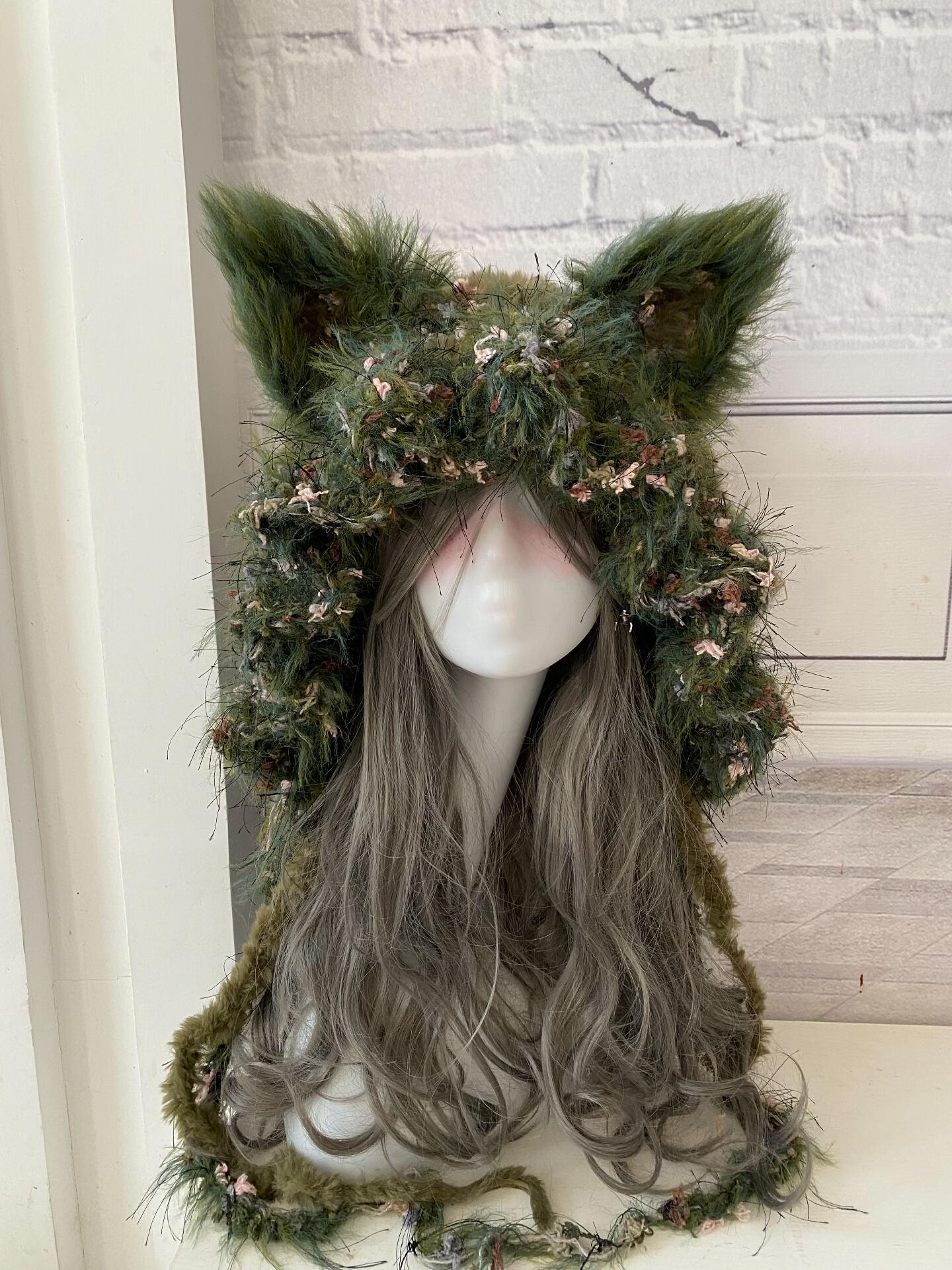 Handmade Moss Green Cat Ear Hood: Fuzzy Knit Fairycore Beanie - Etsy