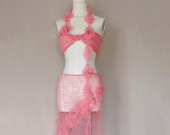 Pink Crochet Floral Set Soft Layered Openwork Statement Design