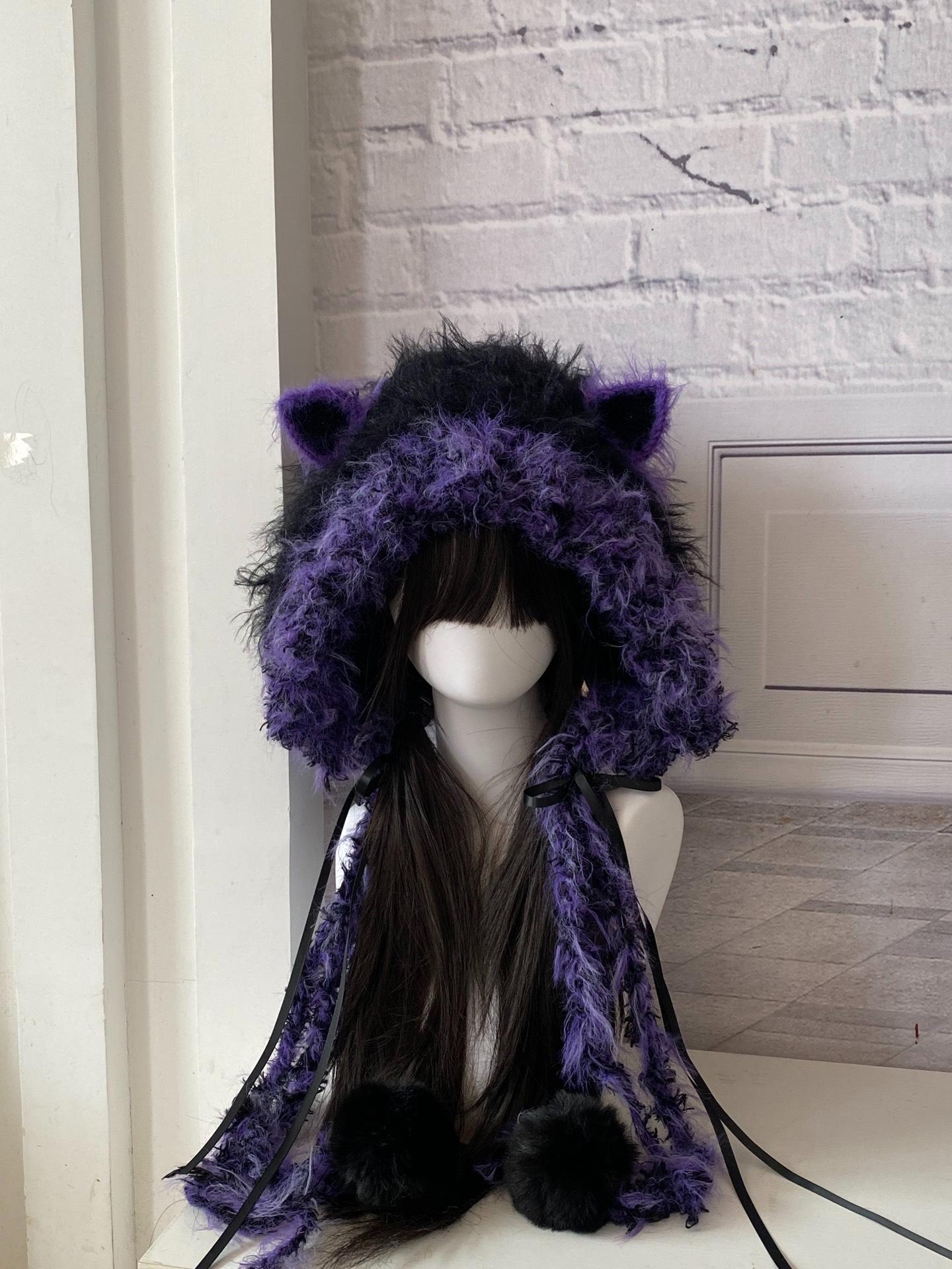 Cat Black & Purple Horror Hood Velvety Faux Fur Full Cover Hat NWT Black & Purple Cat Ear Hood Hat - Plush and Warm - Etsy Hong  main image 2