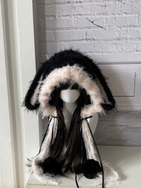 Handmade Black & Pink Bunny Hat – Plush Short Ears, Cosplay