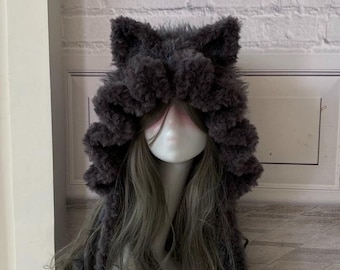 Handmade Gray Blue Cat Ear Hooded Beanie: Fluffy Cosplay Hat