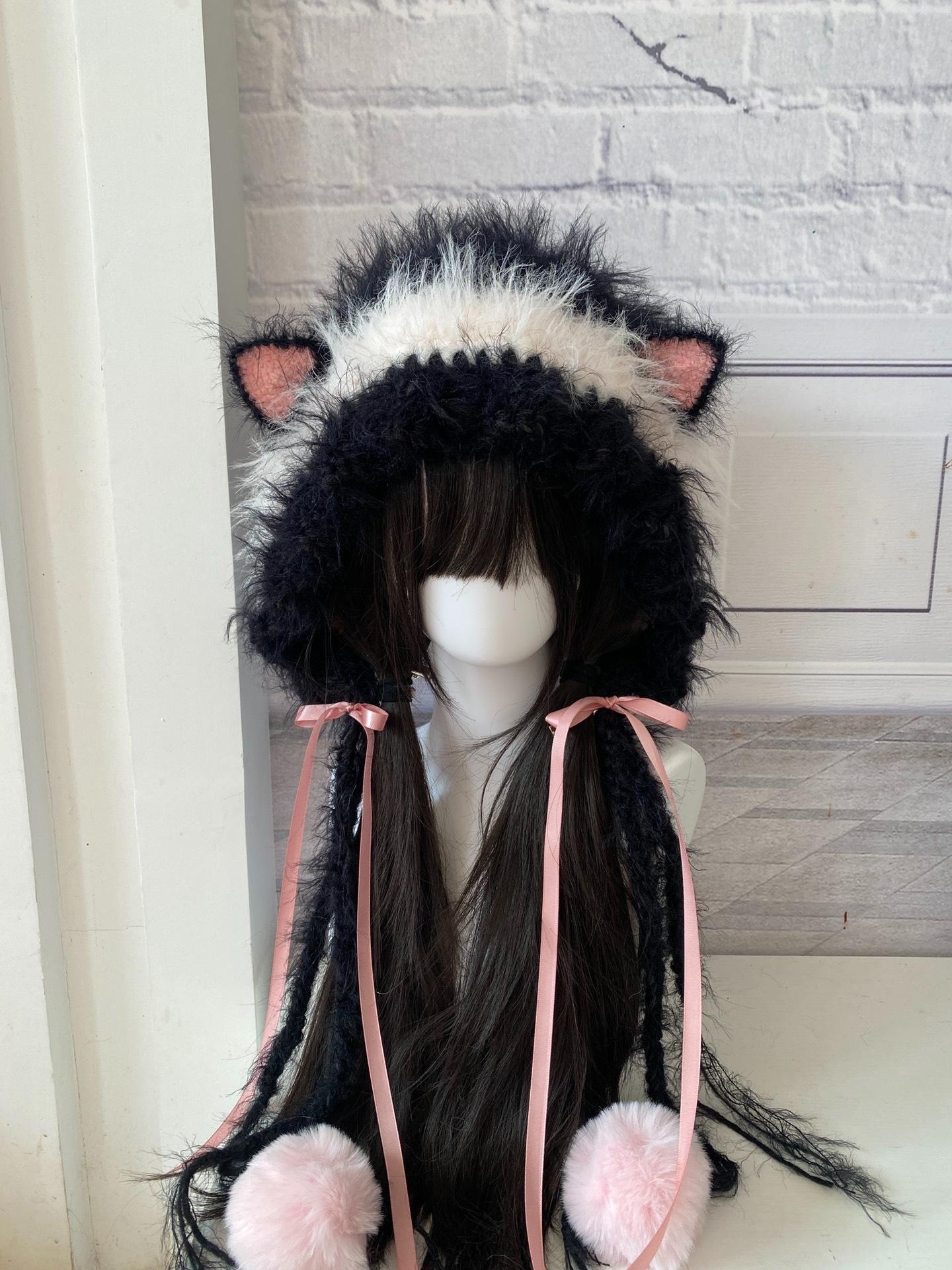 Adorable Handmade Black Pink Cat Ear Hood - Warm & Playful  display picture 1