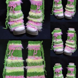 May include: A collage of images showcasing colorful leg warmers. The leg warmers are primarily green, pink, and yellow, with a fluffy texture and decorative bows. They are paired with white platform shoes, creating a unique and vibrant aesthetic.