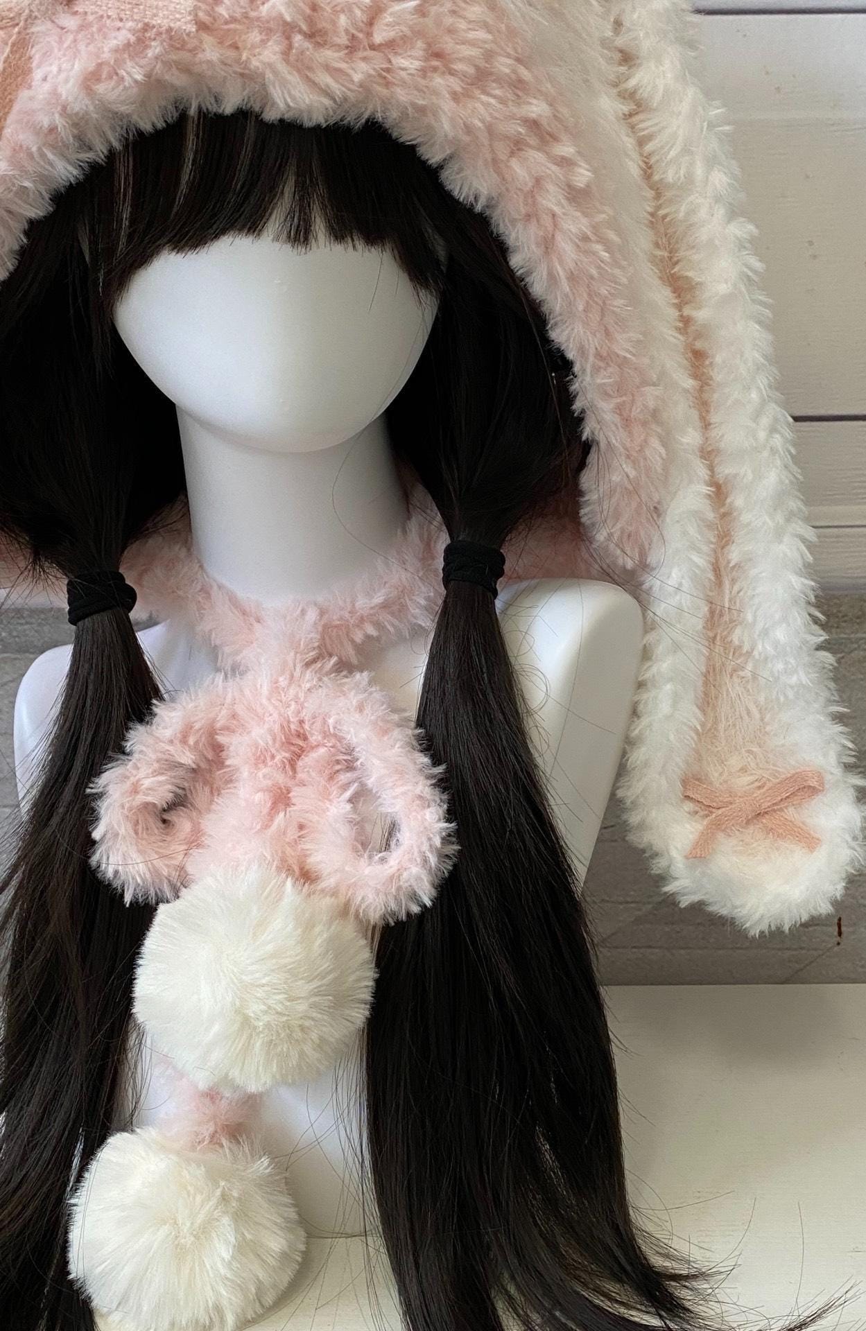 Pink Bunny Fuzzy Hat Hood Beanie With Hand Pockets From Japan Pink Bunny Hood - Etsy main image 2
