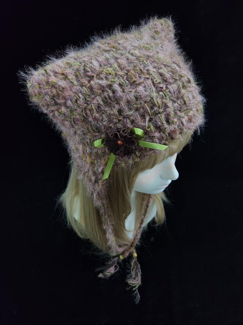 Vintage Floral Crochet Cat Ear Hat - Warm Plush Adjustable image 6
