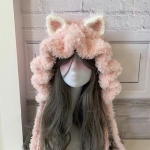 Sweet Pink Fluffy Cat Ear Hood Scarf, Kawaii Soft Faux Fur Animal Hood Hat, Pastel Plush Winter Accessory, Lolita Fashion Hood Gift