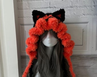Fluffy Cat Ear Beanie Hood: Orange & Black Crochet Animal Hat