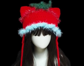 Tomato Cat Ear Hat Playful Knit Whimsical Statement Headpiece
