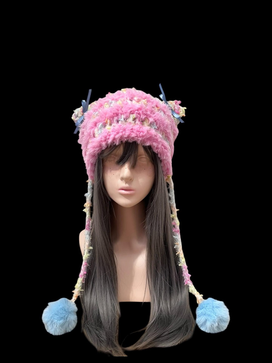 Fuchsia Fluffy Cat Ears Handmade Pom-pom Hat - Cozy Winter Warm