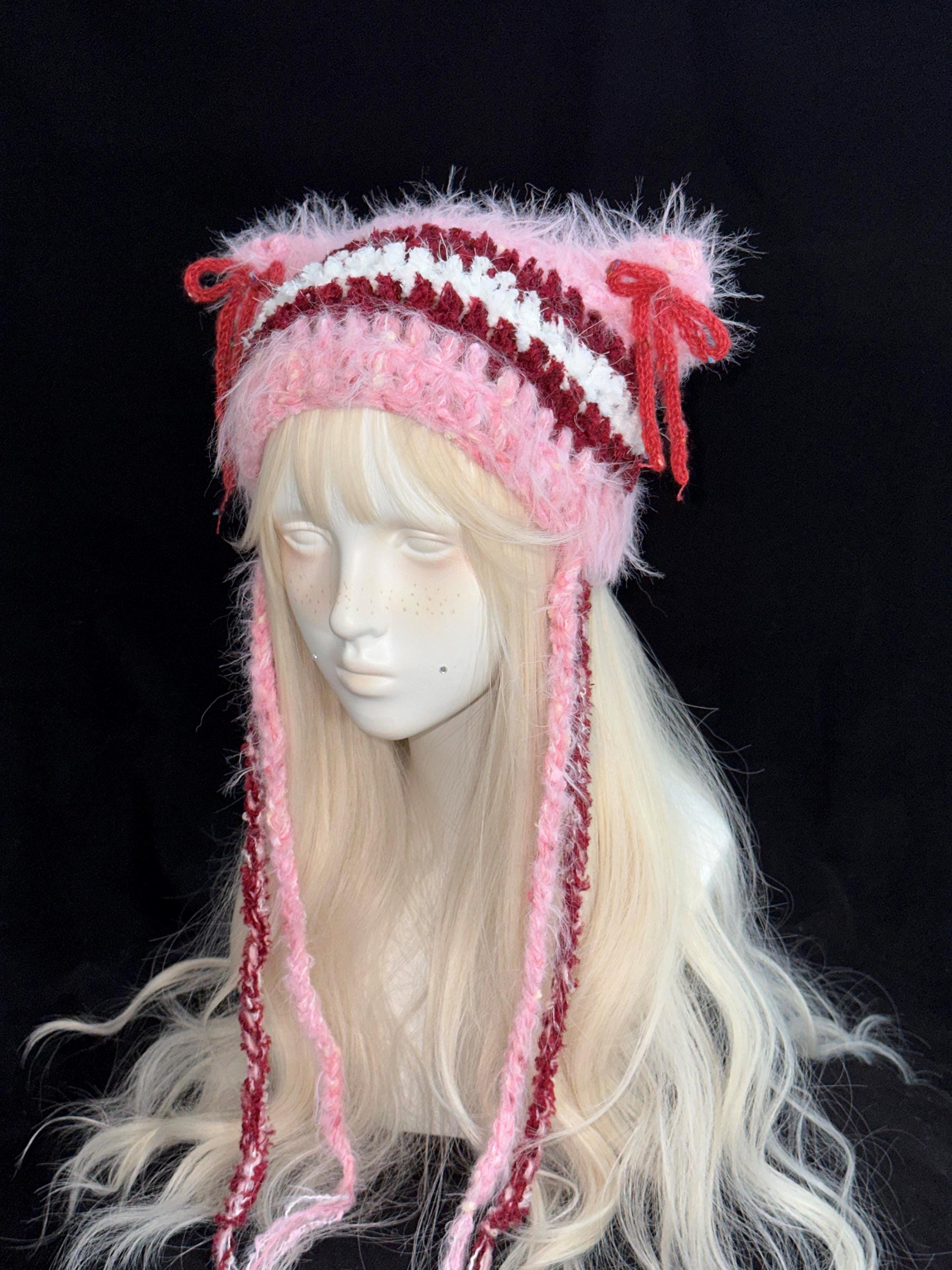 Y2K Red & Pink Cat Ear Beanie With Bows - Etsy