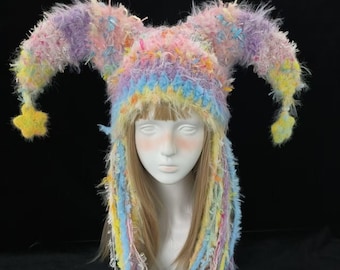 Pastel Circus Jester Hat with Oversized Fluffy Clown Horns