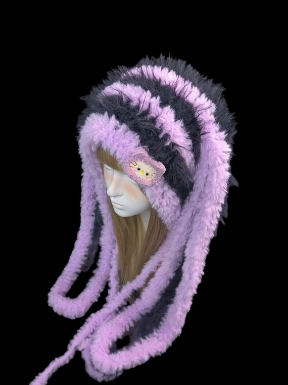 Black Purple Plush Bunny Hat - Long Ears, Warm & Whimsical  display picture 2