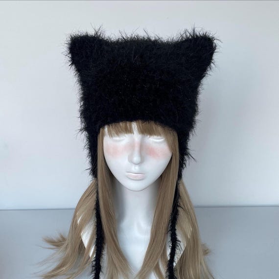 Handmade Fluffy Black Cat Ear Beanie: Soft Knit Winter Hat - Etsy