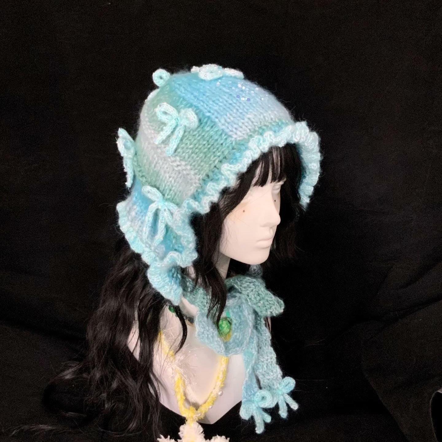 Hand Knitted Blue Ocean Song Balaclava Beanie Hat With Beaded Bows