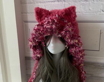 Handmade Crochet Cat Ear Hood: Fuzzy Pink Beanie With Tassels - Etsy