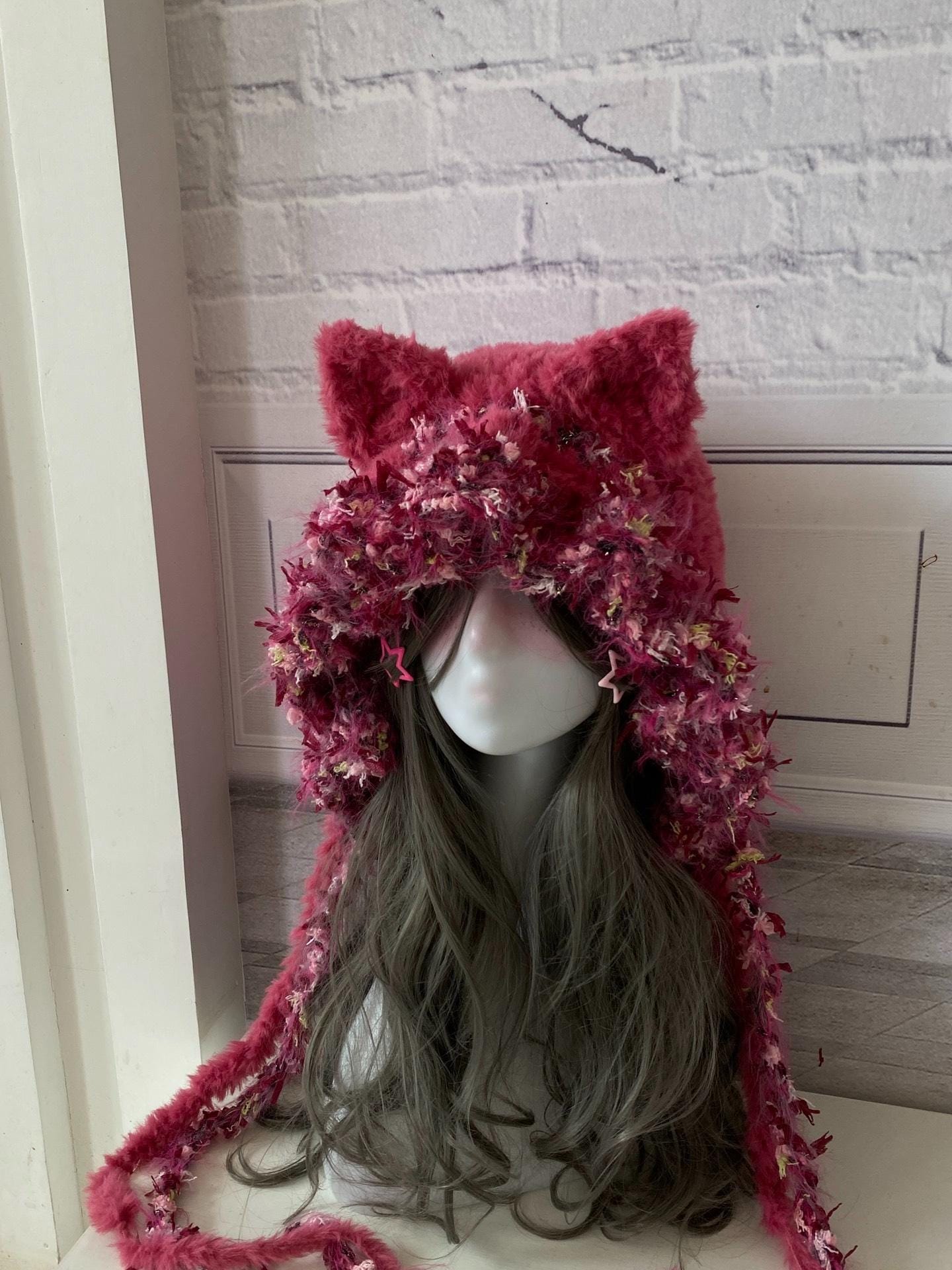 Handmade Crochet Cat Ear Hood: Fuzzy Pink Beanie With Tassels - Etsy