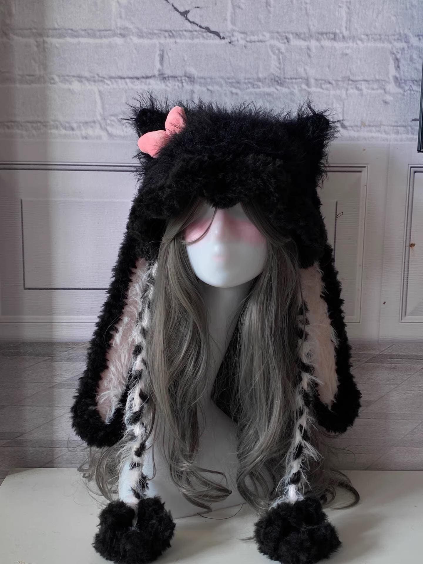Black Bunny Ear Beanie: Faux Fur Plush Hood With Pink Bow - Etsy