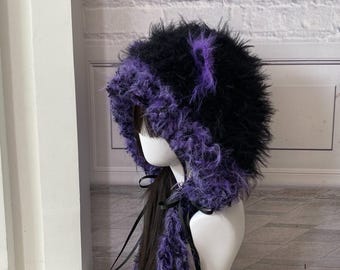 Cat Black & Purple Horror Hood Velvety Faux Fur Full Cover Hat NWT Wonder Cat Limited Edition Faux Fur Hood | Unisex - SpiritHoods main image 4
