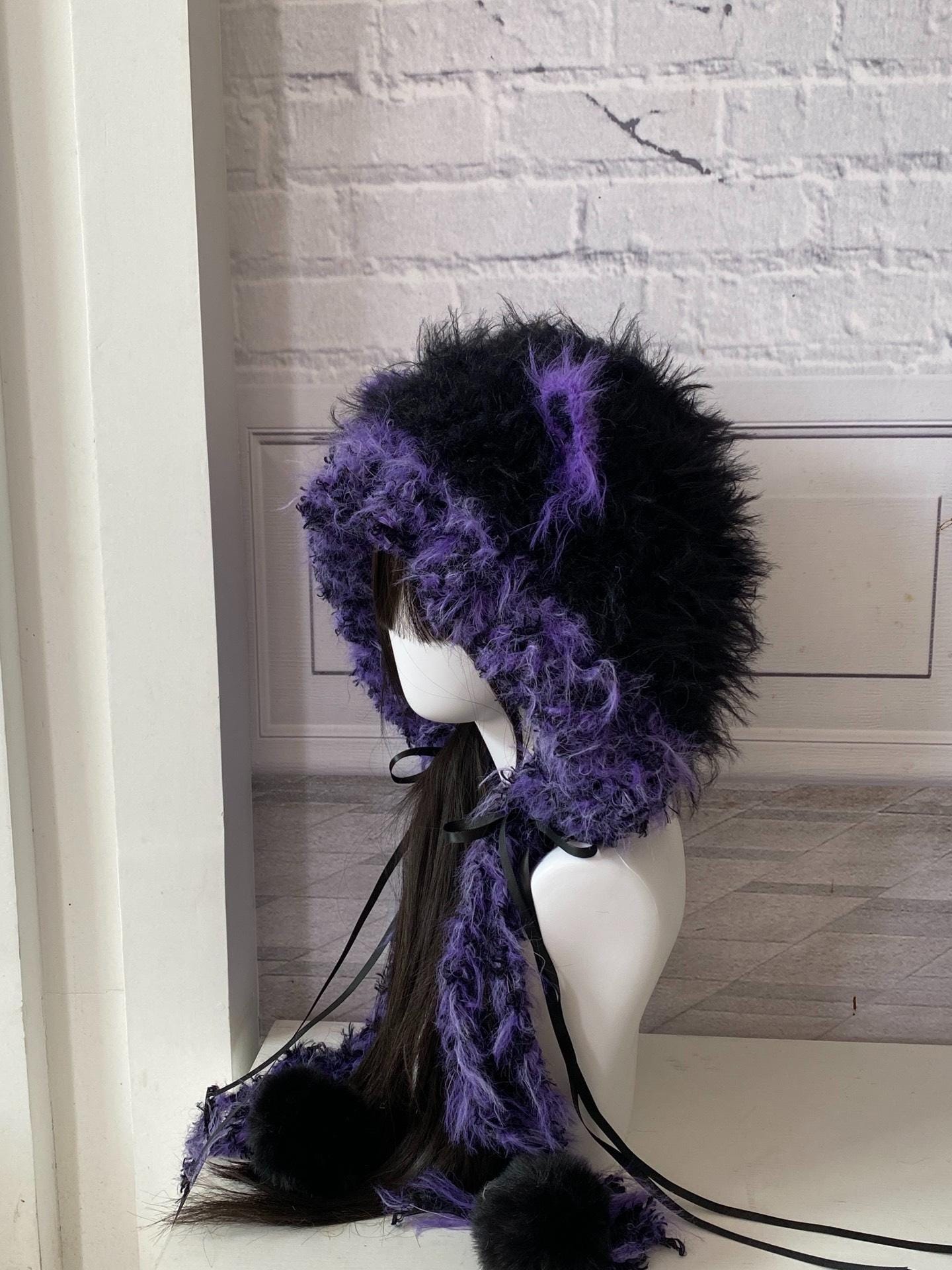 Black & Purple Cat Ear Hood Hat - Plush and Warm - Etsy