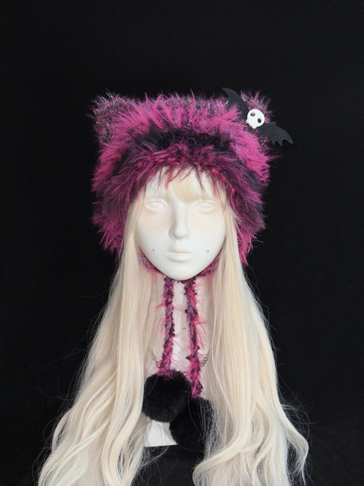 Gothic Punk Black Pink Cat Ear Hat W/ Skull & Wings | Handmade Y2K