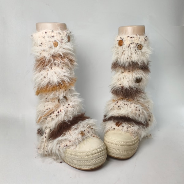 Cream Brown Shaggy Fuzzy Leg Warmers with Mixed Button Trim, Handmade Forest Fairycore Plush Boot Covers