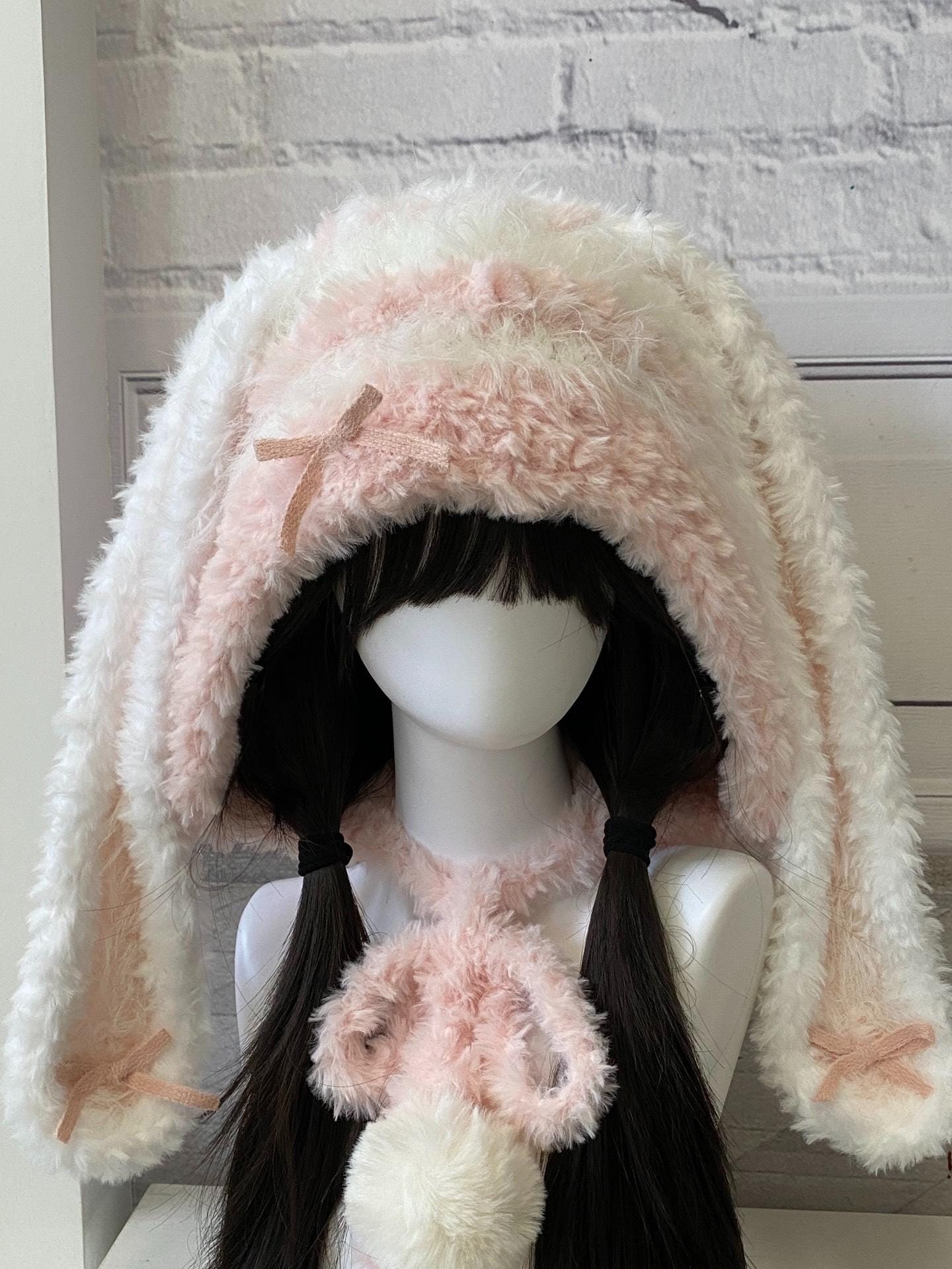 Handmade Pink Bunny Hood Hat - Soft Plush Ears, Cozy Kawaii Peach