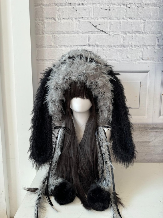 Long Ears Black Gray Handmade Rabbit Hat - Cozy Plush Winter  display picture 3