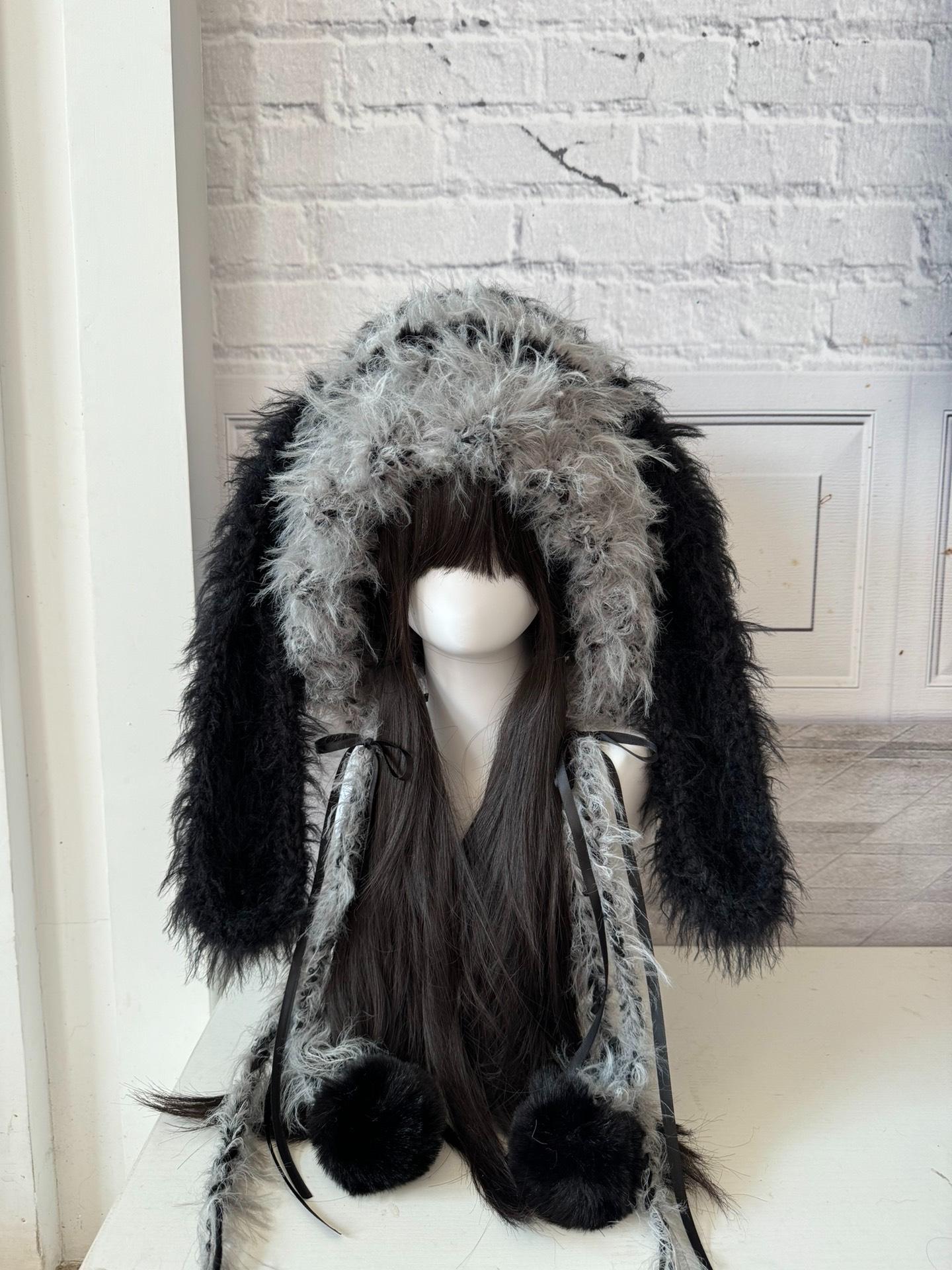 Long Ears Black Gray Handmade Rabbit Hat - Cozy Plush Winter  display picture 2