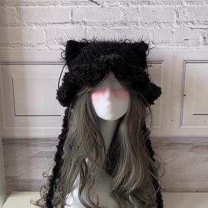 Black Faux Fur Cat Ear Beanie: Handmade Cosplay Hood