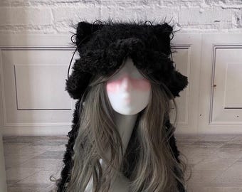Black Faux Fur Cat Ear Beanie: Handmade Cosplay Hood