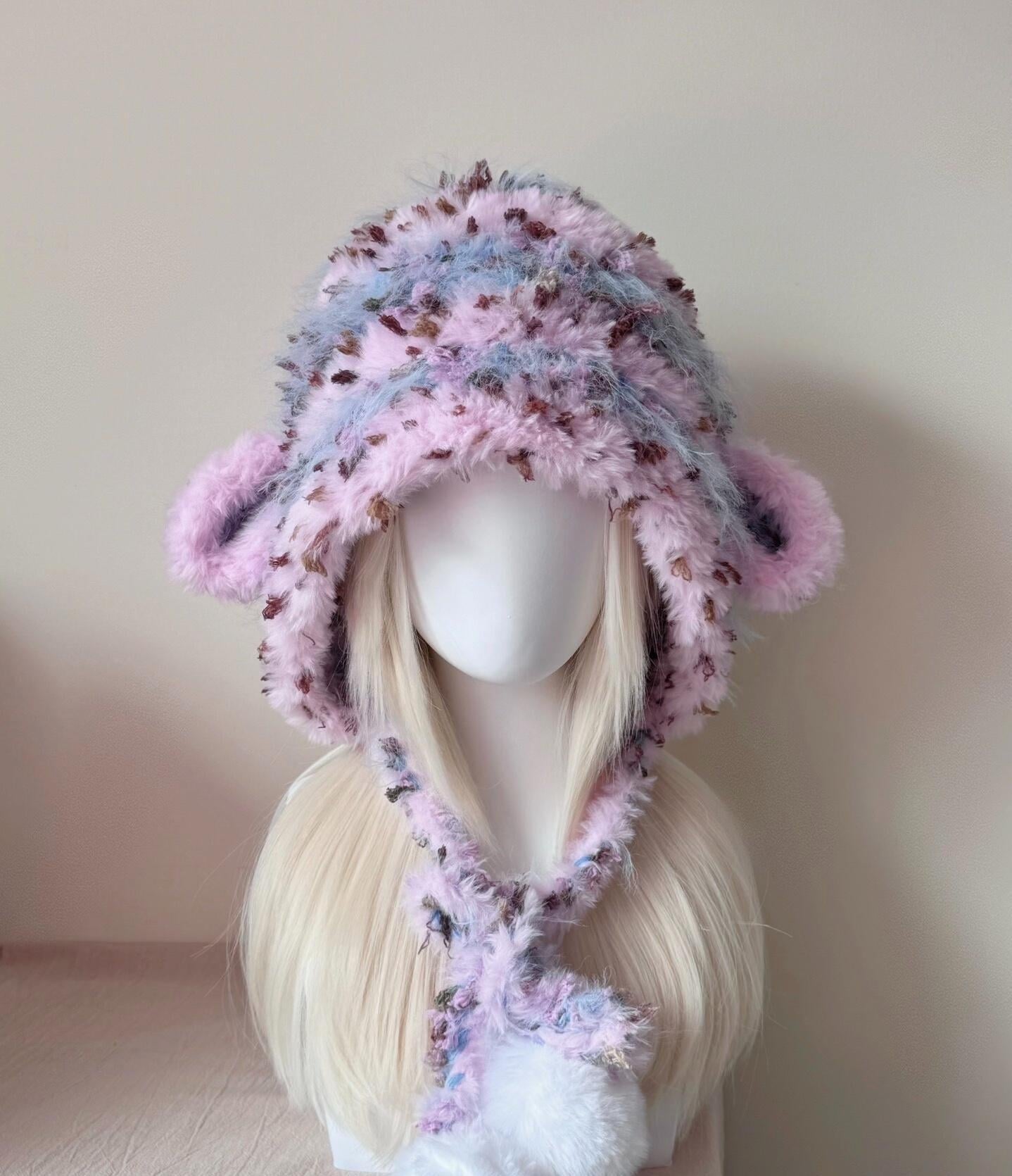 Fuchsia Blue Strawberry Crochet Hood – Handmade Warm Ear Flaps